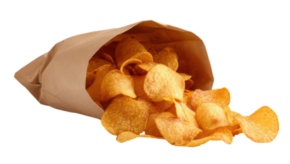Potato chips spilling from a brown paper bag, a crunchy snack food isolated on transparent background
