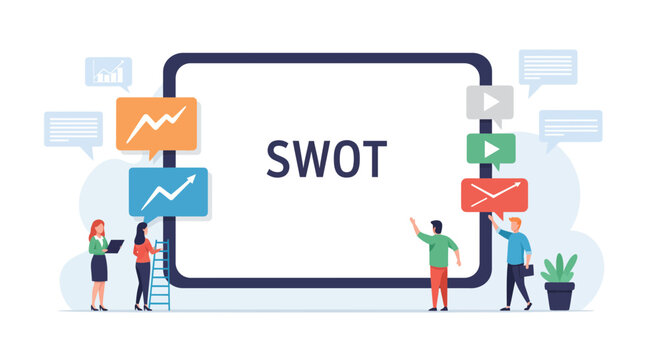 Teamwork analyzing SWOT for business growth strategy in modern workspace, strengths weaknesses opportunities threats assessment for success planning