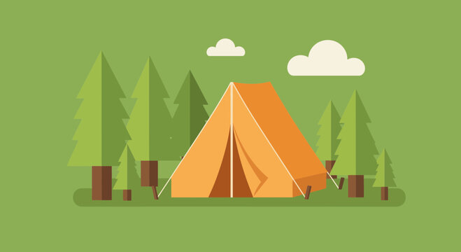 Plan your great outdoor adventure with this charming camping scene under sunny skies near the trees, perfect for recreation promotions and summer fun