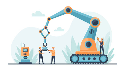 Innovative robotic arm assisting engineers with precision manufacturing in a modern factory setting for automation and efficiency solutions