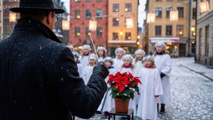 Obraz premium Man conductor leading children choir outdoor in winter. Christmas carol singing performance in snowy city street scene for holiday tradition.
