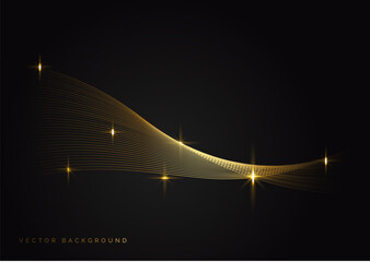 Luxury Black Background with Gold Wave Lines and Sparkling Light Stars