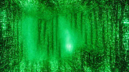 Glowing green digital matrix tunnel with cascading data code and futuristic cyber walls. Ideal for technology, AI, cybersecurity, virtual reality, and sci-fi background visuals.