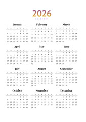 PNG image of Minimalist design featuring the year 2026 and the word calendar in subtle gradient colors