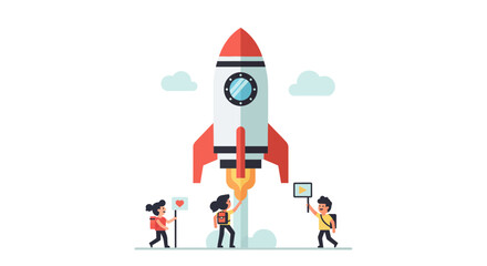 Team launching innovative startup rocket to success with social media and video marketing for a vibrant future, fostering growth and collaboration now