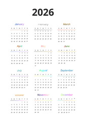 PNG image of Full year 2026 calendar template featuring twelve months with vibrant rainbow gradient typography on black