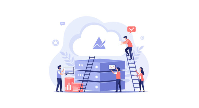 Team collaborating on cloud computing solution for business success, illustrating data management and digital transformation with modern design, great for tech startups