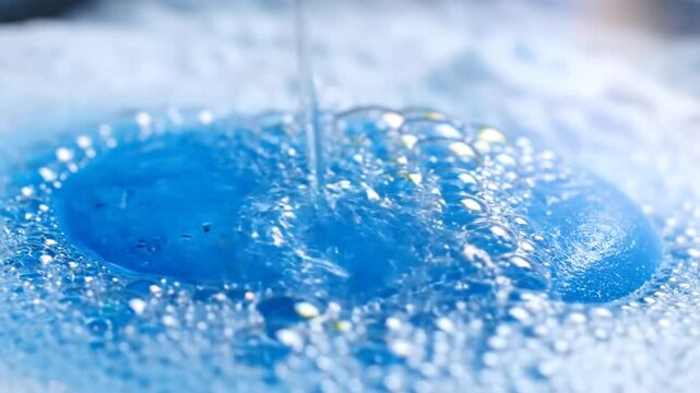 Close-up of clear water pouring into blue soapy liquid with many bubbles creating a relaxing, sudsy texture.