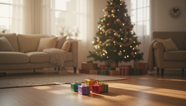 Dreamy image of an urban apartment with a modern Christmas tree and wrapped gifts on the floor under it.
- Powered by Adobe