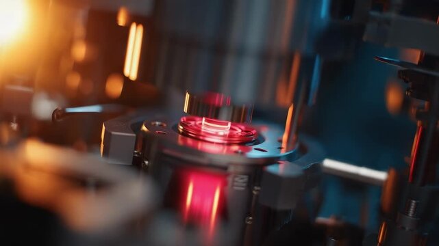Close-up of a high-precision manufacturing rig with a glowing pink circular component at its center.