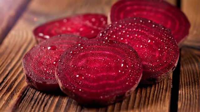 Close-up of fresh beetroot slices with water droplets on a rustic wooden background, vibrant and healthy food concept