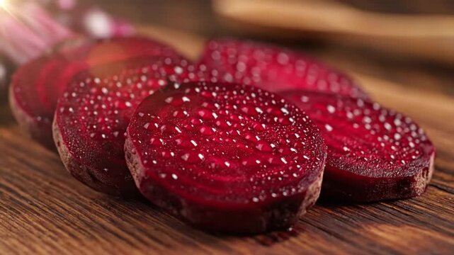 Close-up of fresh beetroot slices with glistening water droplets on wooden surface