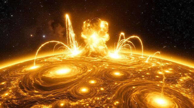 Massive nuclear explosion causes planet destruction in space. Fiery explosion engulfs planet during cosmic war. This planet faces total destruction. Apocalypse event shows war and fiery blast.