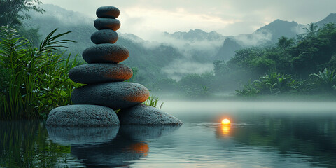 Balanced stones stand near water and mountains at sunset Generative AI