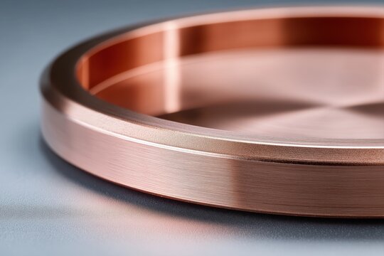Macro photo of a copper vapor chamber lid with circular embossed ridge, smooth brushed finish, clean flat surface, technical gray gradient background