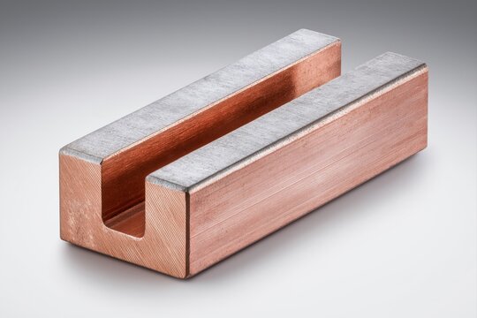 Macro photo of precision-machined copper thermal shunt bar with longitudinal slot and beveled ends on clean industrial gray gradient background