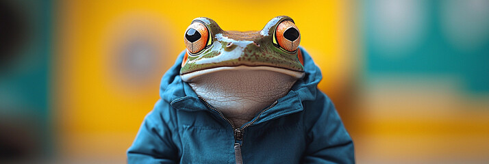 Whimsical frog wears a blue jacket in a bright setting Generative AI