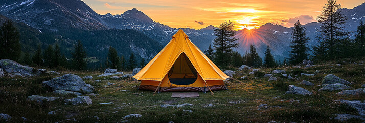 Vibrant yellow tent setup in the mountains at sunset Generative AI
