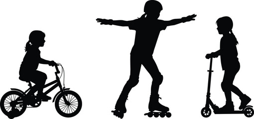 Children riding bike, roller skating, and scooter outdoors, active kids silhouettes playing outside in motion, healthy outdoor recreation