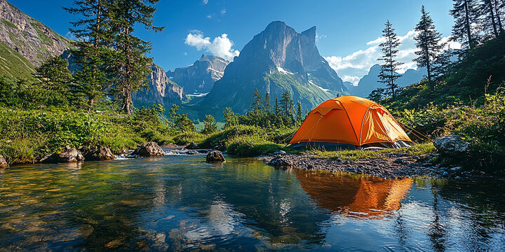 Vibrant camping scene near a mountain and a clear stream Generative AI