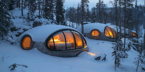 Cozy modern igloos light up the snowy landscape at night Generative AI