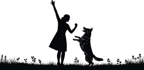 Silhouette girl teaching dog to stand and jump outdoors, playful training moment, joyful pet interaction, active bonding in nature scene