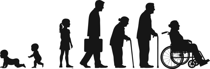 Silhouette illustration of human life stages from infancy to old age, showing growth, aging, mobility changes and life progression