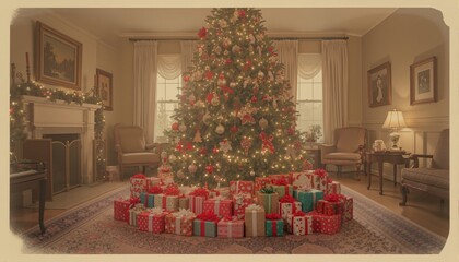 Faded background of a traditionacl home during Christmas, showing a large decorated tree surrounded by wrapped gifts on the carpet.