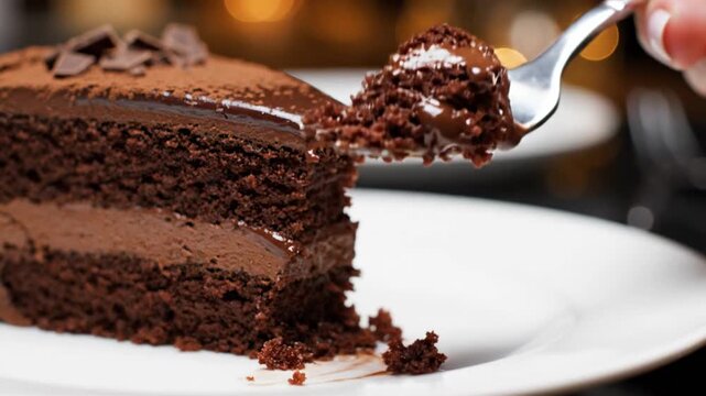 A fork lifts a bite from a rich multi-layered chocolate cake slice topped with ganache and shavings served on a white plate