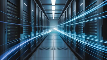 Futuristic data center aisle with glowing blue light streaks representing fast data transfer and technology