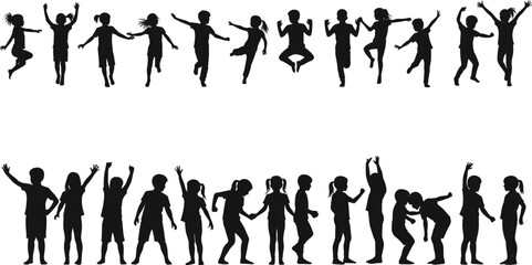 Silhouettes of playful children jumping, dancing, and posing together, expressing joyful movement, energy, creativity, and childhood freedom outdoors