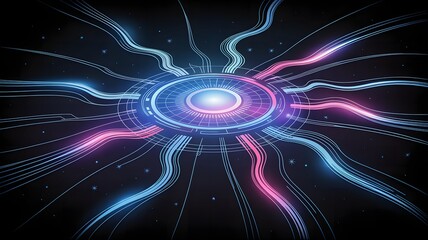 Abstract glowing neon energy core with flowing light streams on a dark background