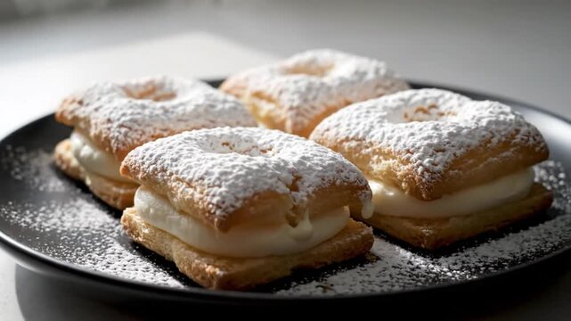 Delicious cream-filled pastries sprinkled with powdered sugar on a black plate, a culinary delight
