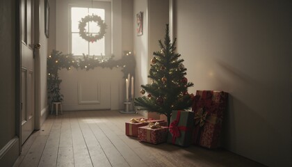 Naklejka premium Muted backdrop of a sunlit hallway decorated for Christmas, with a small tree and several gifts resting against the wall. 