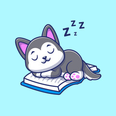Cute Husky Dog Sleeping On Book Cartoon
