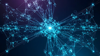 Stunning abstract network structure pulses with vibrant blue light representing global digital connection and complex data flow