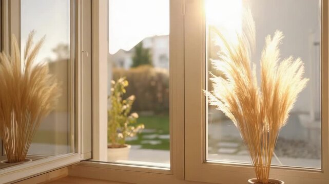 Sunlit window with potted pampas grass on the sill, view of a sunny garden with stepping-stone path outside.