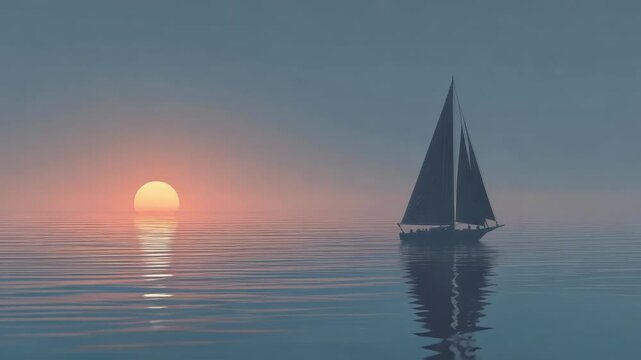 Sunset over a calm sea with a solitary sailboat on the right.