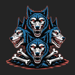 Fierce MultiHeaded Wolf Creature with Bared Teeth and Glowing Eyes.