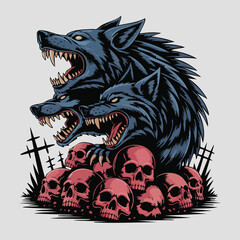 Three headed wolf monster emerging from pile of skulls illustration.