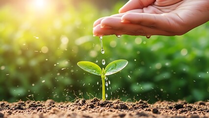 Hand watering a vibrant green seedling in fertile soil with sun
