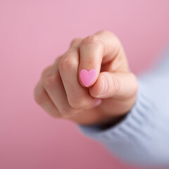Mini heart pink love finger hand gesture pastel soft romance cute. Mini heart pink love finger hand gesture pastel soft romance cute mood pink background, close up of small heart symbol held
