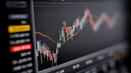 Stock market chart with colorful candlestick graph, moving average line, and financial data on digital screen, representing trading analysis