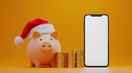 A smartphone next to gold coins and a New Year's piggy bank, wearing a Santa hat, is a concept for financial planning, holiday spending, and digital technology