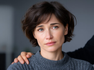 Pensive woman short hair gray sweater natural light soft focus indoor closeup melancholic support hand on shoulder offering comfort and calm reassurance during quiet moment of reflection