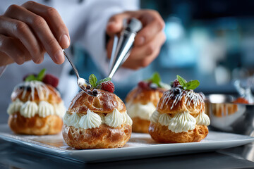 Chef carefully garnishing cream puffs with fresh berries in a modern kitchen setting