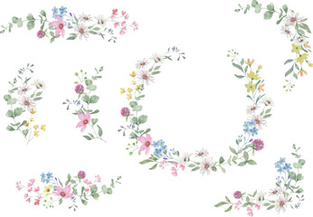 watercolor floral set with soft wildflowers, clover, daisies, eucalyptus branches, and pastel blossoms. Hand drawn illustration. Vector EPS.