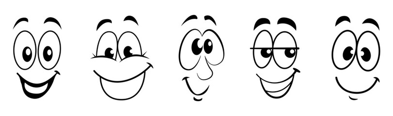 Set of funny expressive cartoon faces drawn in bold outlines.