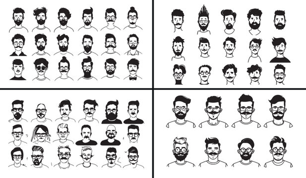 Bearded men illustration, face expression vector, male portrait design, gentleman hairstyle sketch, modern man face art, hipster beard illustration, character portrait vector, fashion male design, vin