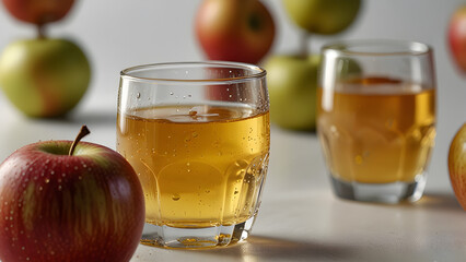 A clear glass filled with refreshing golden apple juice placed beside a fresh red apple on a clean white background.